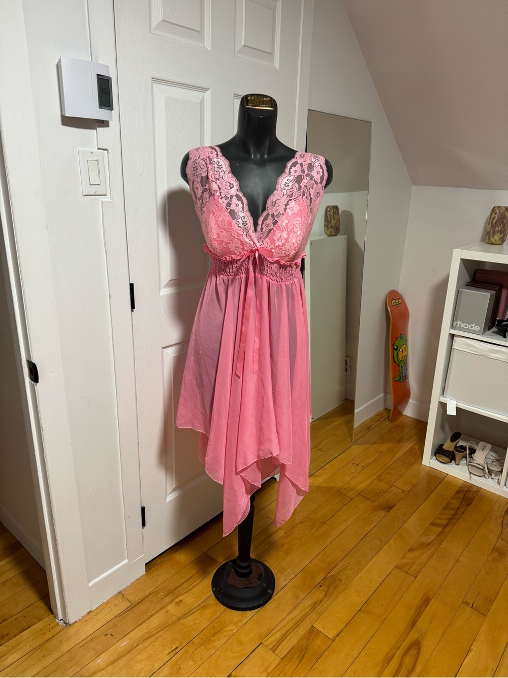 Pink Lace Trim Chiffon Evening Dress